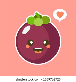 Cute and kawaii Flat Cartoon Mangosteen Illustration. Vector illustration of cute mangosteen with a smiling expression. Cute fruit mascot design