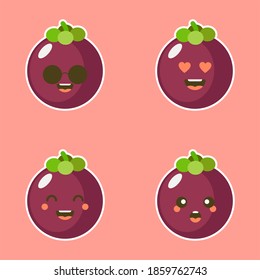 Cute and kawaii Flat Cartoon Mangosteen Illustration. Vector illustration of cute mangosteen with a smiling expression. Cute fruit mascot design