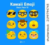 Cute and kawaii flat emoji or emoticon vector pack - emojis yellow emoticon cool, nerd, clown, birthday, cowboy, and glasses collection isolated in blue background for graphic design or chat elements.
