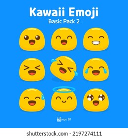 Cute and kawaii flat emoji or emoticon vector pack - emojis yellow emoticon happy, laughing, big eyes, love eye, and LOL collection isolated in blue background for graphic design or chat elements.