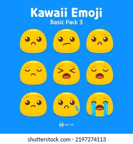 Cute and kawaii flat emoji or emoticon vector pack - emojis yellow emoticon sad, disappointed, crying, panic, and frowning collection isolated in blue background for graphic design or chat elements.