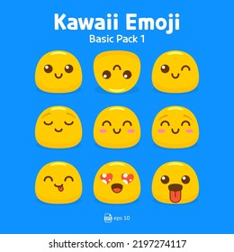 Cute and kawaii flat emoji or emoticon vector pack - emojis yellow emoticon smile, wink, inhale, blush, yummy, and tongue collection isolated in blue background for graphic design or chat elements.