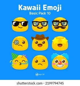 Cute and kawaii flat emoji or emoticon vector pack - emojis yellow emoticon cool, nerd, clown, birthday, cowboy, and glasses collection isolated in blue background for graphic design or chat elements.