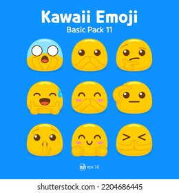 Cute and kawaii flat emoji or emoticon vector pack - emojis yellow emoticon surprised, salute, shh hand, apologize, and hug collection isolated in blue background for graphic design or chat elements.