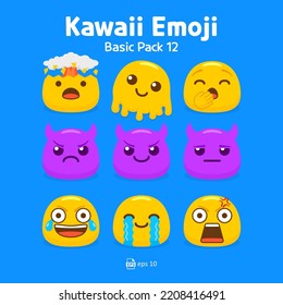 Cute and kawaii flat emoji or emoticon vector pack - emojis yellow emoticon mindblown, melting, yawn, devil, and surprised collection isolated in blue background for graphic design or chat elements.