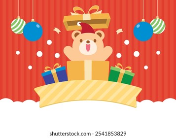 Dibujos animados lindos del oso del estilo plano de Kawaii en la caja de regalo abierta con la muestra de la cinta y el Vector gráfico colgante de la ilustración de la bola en concepto del día de Navidad