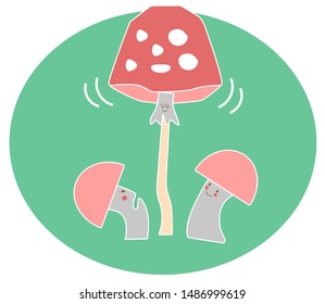 cute kawaii flat vector illustration, bright happy mushrooms with smiling faces, little surprised mushrooms and tall dancing poisonous fly mushroom. For kids, school, kindergarten, greeting cards 