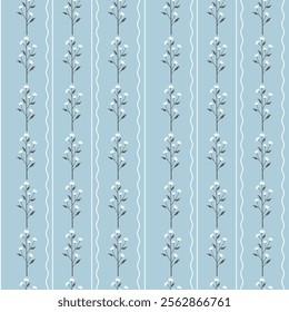 Cute kawaii floral ditsy pattern with soft blue background