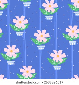 Cute and kawaii floral vector seamless pattern with doodle-style flower, heart and foliage. Checkered background ideal for kids textiles, wrapping paper, and home decor