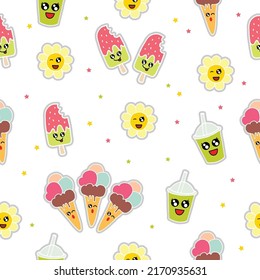 cute kawaii flower with ice cream and cup of drink illustration. hand drawn vector, seamless pattern. cute expression with eyes and smiley face. wallpaper, kids, fashion, wrapping paper and gift. 