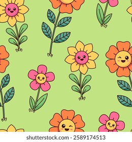 Cute kawaii flower lawn, garden seamless pattern, background. Simple flowers in a cartoon comic style, kids, children illustration.