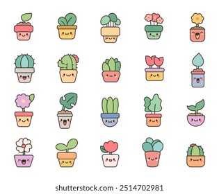 Cute kawaii flower pots. Adorable cartoon characters of home comfort. Hand drawn style. Vector drawing. Collection of design elements.