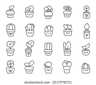 Cute kawaii flower pots. Coloring Page. Adorable cartoon characters of home comfort. Hand drawn style. Vector drawing. Collection of design elements.