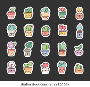 Cute kawaii flower pots. Sticker Bookmark. Adorable cartoon characters of home comfort. Hand drawn style. Vector drawing. Collection of design elements.