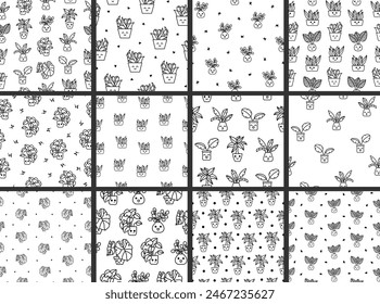 Cute kawaii flowerpot. Seamless pattern. Coloring Page. Houseplants character. Hand drawn style. Vector drawing. Collection of design ornaments.