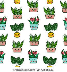Cute kawaii flowerpot. Seamless pattern. Houseplants character. Hand drawn style. Vector drawing. Design ornaments.