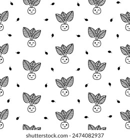 Cute kawaii flowerpot. Seamless pattern. Coloring Page. Houseplants character. Hand drawn style. Vector drawing. Design ornaments.