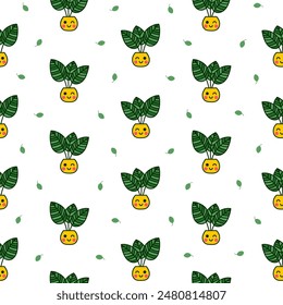Cute kawaii flowerpot. Seamless pattern. Houseplants character. Hand drawn style. Vector drawing. Design ornaments.