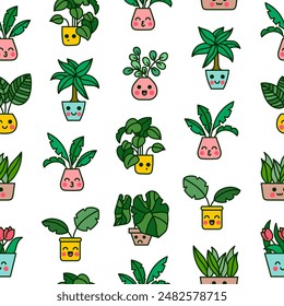 Cute kawaii flowerpot. Seamless pattern. Houseplants character. Hand drawn style. Vector drawing. Design ornaments.