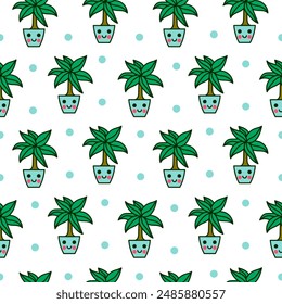 Cute kawaii flowerpot. Seamless pattern. Houseplants character. Hand drawn style. Vector drawing. Design ornaments.