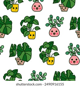 Cute kawaii flowerpot. Seamless pattern. Houseplants character. Hand drawn style. Vector drawing. Design ornaments.