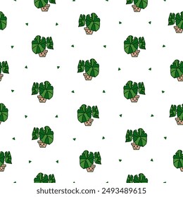 Netter Kawaii Blumentopf. Nahtloses Muster. Zimmerpflanzen Charakter. Handgezeichneter Stil. Vektorgrafik zeichnen. Design Ornamente.