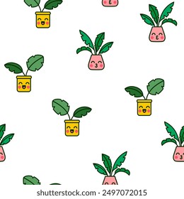 Cute kawaii flowerpot. Seamless pattern. Houseplants character. Hand drawn style. Vector drawing. Design ornaments.