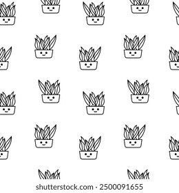 Cute kawaii flowerpot. Seamless pattern. Coloring Page. Houseplants character. Hand drawn style. Vector drawing. Design ornaments.