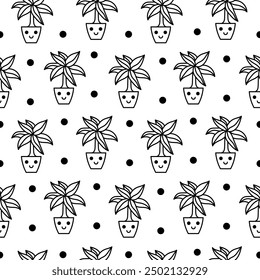 Cute kawaii flowerpot. Seamless pattern. Coloring Page. Houseplants character. Hand drawn style. Vector drawing. Design ornaments.