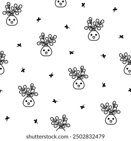 Cute kawaii flowerpot. Seamless pattern. Coloring Page. Houseplants character. Hand drawn style. Vector drawing. Design ornaments.