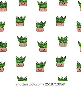 Linda maceta kawaii. Patrón sin fisuras. Personaje de las plantas de la casa. Estilo dibujado a mano. Dibujo de Vector. Diseña adornos.