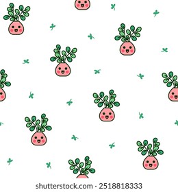 Florido kawaii bonito. Padrão contínuo. Personalidade Houseplant. Estilo desenhado à mão. Desenho vetorial. Desenhar ornamentos.