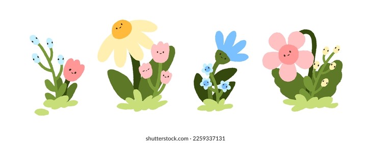 Cute kawaii flowers with happy smiling faces set. Adorable funny spring floral plants with emotions in childish naive style. Kids childlike flat vector illustrations isolated on white background