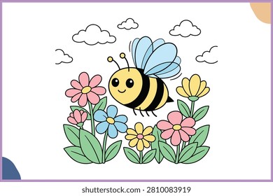 Cute Kawaii Flying Bee in Flower Garden Vector Illustration Clipart