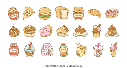 Cute kawaii food and beverages doodle vector