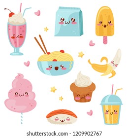 Cute Kawaii food cartoon characters set, desserts, sweets, sushi, fast food vector Illustration on a white background