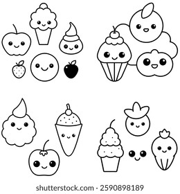 Cute Kawaii Food Characters Coloring Page for Kids. a set of kawaii-style cute food characters like smiling cupcakes, happy fruits, adorable ice cream cones, and funny vegetables