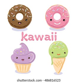 Cute Kawaii food characters - cupcake, ice-cream cone , donuts. Lovely doodle icons set collections on white background.  Vector illustration.