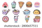 Cute kawaii food and drink vector sticker set. Happy cartoon fast food and asian cuisine characters including pizza, burger, sushi, bubble tea, ramen, donut, and ice cream isolated on white background.