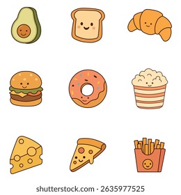 Cute Kawaii Food Icons Set – Vector Illustration of Happy Cartoon Snacks and Fast Food