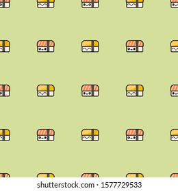 Cute kawaii food. Salmon and tamako sushi. Japanese cartoon manga style. Anime characters with faces. Cartoon style, simple flat design. Trendy illustration. Vector seamless pattern. Equal interval