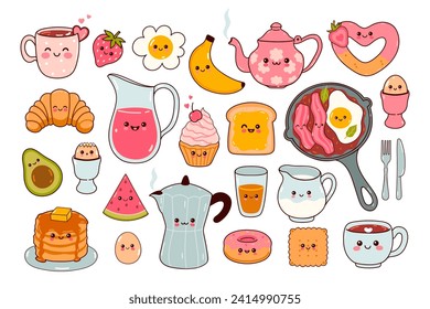 Restaurante de cocina kawaii para el desayuno. Gráficos vectoriales.