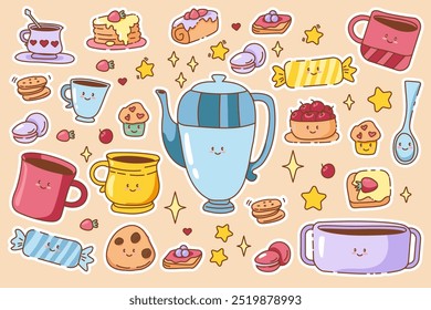 Cute kawaii food set for breakfast. Vector graphics elements teapot, mug, pancakes, cookies, sweets, sandwich with jam, roll, pasta, cupcakes, strawberry, cherry, star, cocoa, coffee,tea.
