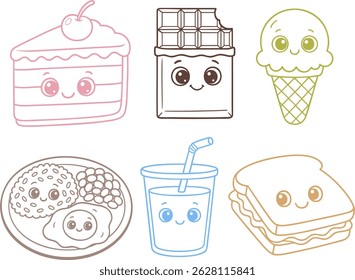 Cute Kawaii Food Set: A collection of adorable kawaii-style illustrations of various foods, including cake, chocolate, ice cream, fried eggs, juice, and sandwich, perfect for children's book