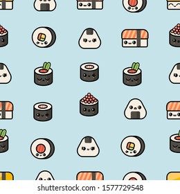 Cute Kawaii Food. Sushi, Rolls. Salmon, Shrimp, Caviar, Rice. Japanese Cartoon Manga Style. Funny Anime Characters With Faces. Trendy Vector Seamless Pattern. Blue Background