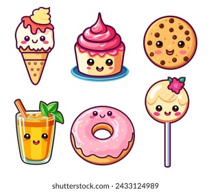 Cute Kawaii food symbols. Set of cute sweet icons in kawaii style with smiling face and pink cheeks for sweet design. Cupcake, ice cream, cookie, lollipop icons. Vector isolated on white background