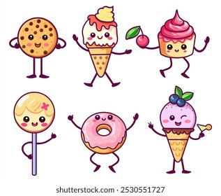 Lindos símbolos de comida kawaii. Conjunto de lindos iconos dulces en estilo kawaii con cara sonriente y mejillas rosadas para un diseño dulce. Cupcake, helado, galleta, iconos de piruleta. Vector aislado sobre fondo blanco