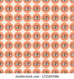 Cute Kawaii food. Tasty Salmon and Tuna rolls. Japanese cartoon manga style. Funny anime character with face. Trendy Vector illustration. Colored Seamless pattern. Background, wallpaper, wrapping 