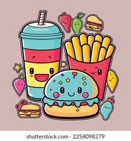 Cute Kawaii Food Vector art illustration. Cute Kawaii Sticker