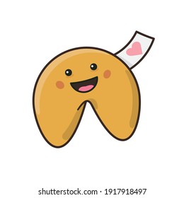 Cute Kawaii fortune cookie with valentine symbol on message slip isolated vector illustration for Fortune Cookie Day on July 20th. Japanese pop culture symbol.